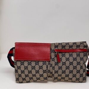💯Authentic GUCCI GG Canvas Web Double Pocket Belt Bag